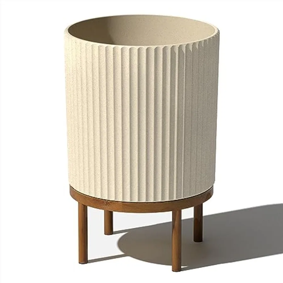 

Demi Series Round Planter with Stand for Porch/Patio Plastic-Concrete Body Natural Wood Stand Gray-Black Modern Decor for Tall