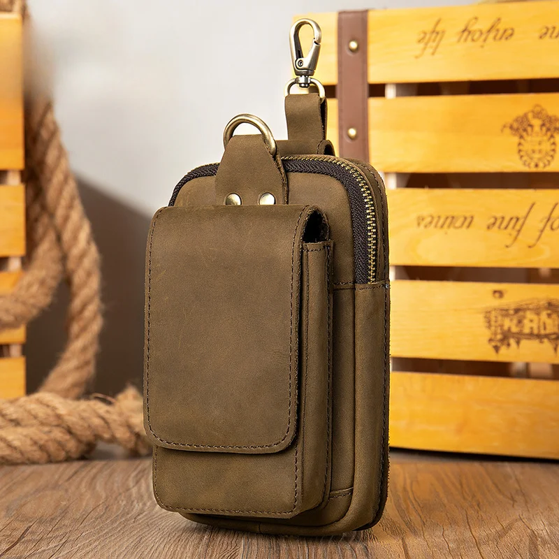 Mobile phone bag, genuine leather waist bag, multi-functional large capacity, men's work and construction site leather waist bag