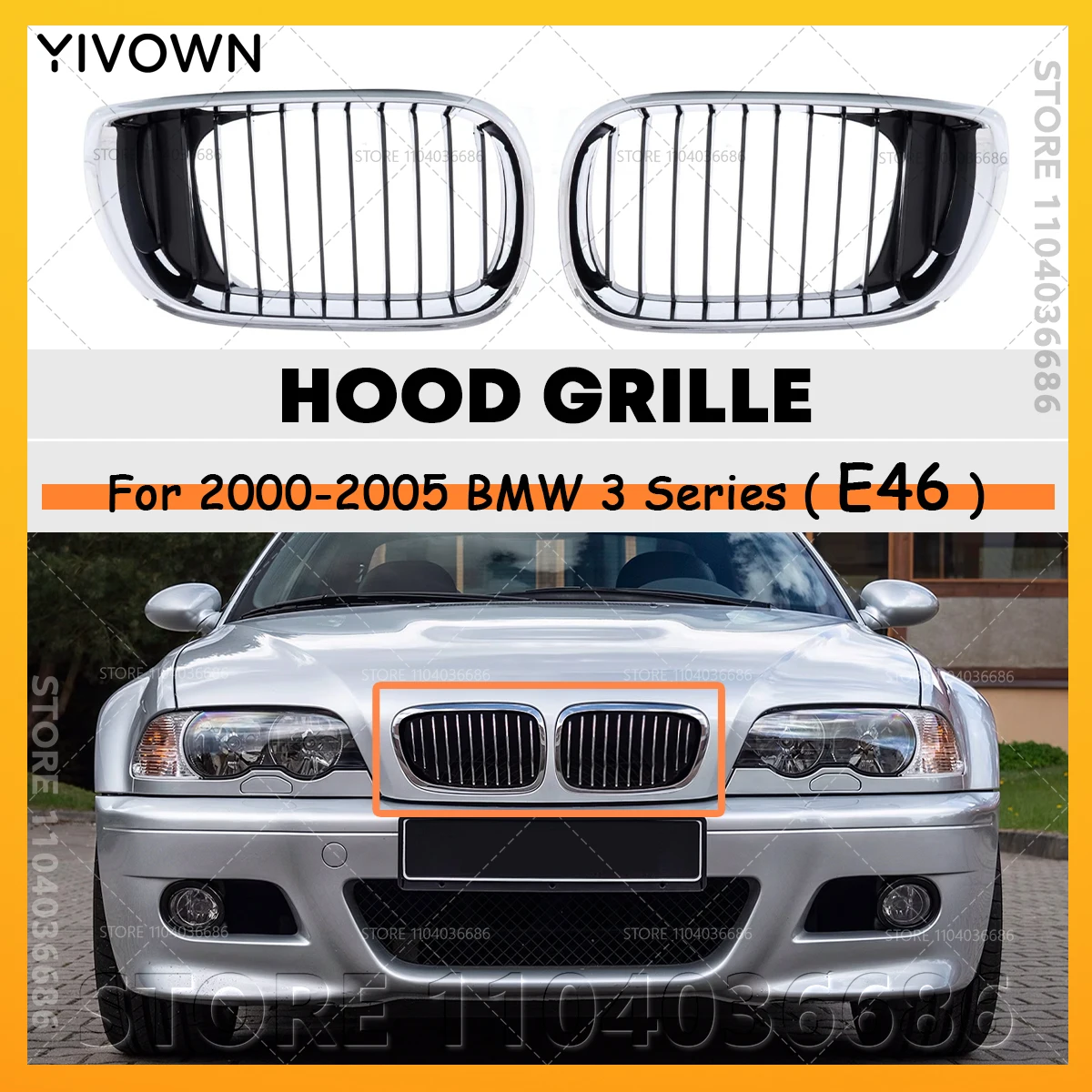 For 2000 2001 2002 2003 2004 2005 E46 BMW 320i 325i 325xi 330i 330xi Chrome Kidney Decorative Grille 51137030545 51137030546