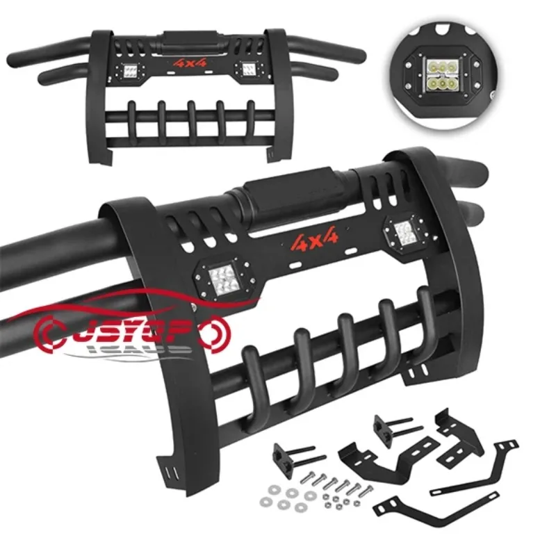 

Factory Hot Selling High Quality Black 4X4 Front Bumper With Dual Tube Lights Direct Factory Sale For Hilux Revo Vigo Made Of St