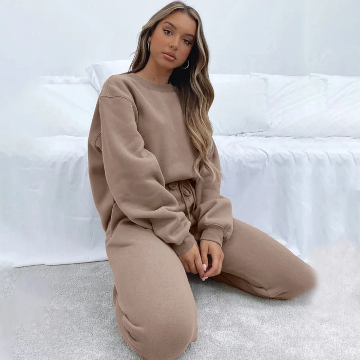 

2024 Spring and Autumn Solid Color Round Neck Pullover Trousers Women's Fashion Casual Long Sleeve Sweater Suit women's clothes