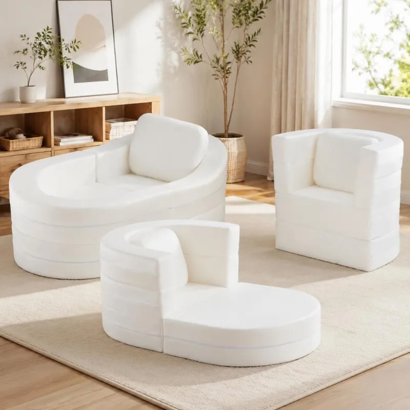 Canapé-lit convertible 3-en-1 pour enfants à partir de 3 ans, en velours cristal, rembourrage éponge élastique, housse amovible zippée, oreiller inclus, couleur blanche, design ergonomique, compact et léger, chaise pliable