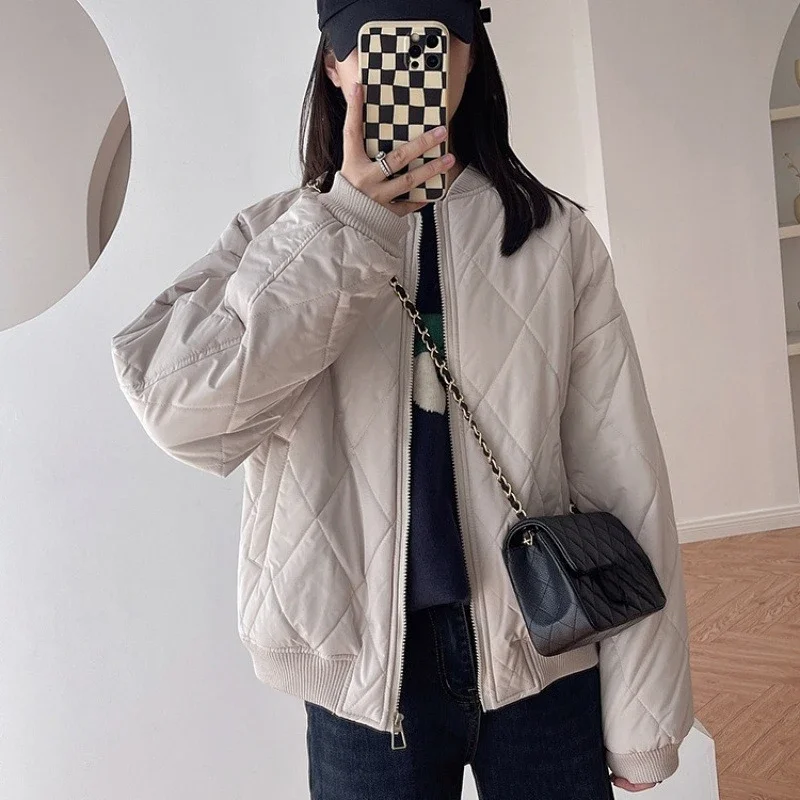 

Зимние легкие модные парки, женские утепленные стеганые клетчатые хлопковые куртки с воротником-стойкой, свободные пальто на молнии с длинными рукавами