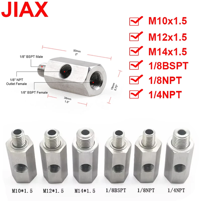 

Stainless Steel Oil Pressure Sensor Connector Feed Line Gauge Tee Adapter Side Holes 1/8"NPT Female To M12 M10 M14 1/8NPT 1/4NPT
