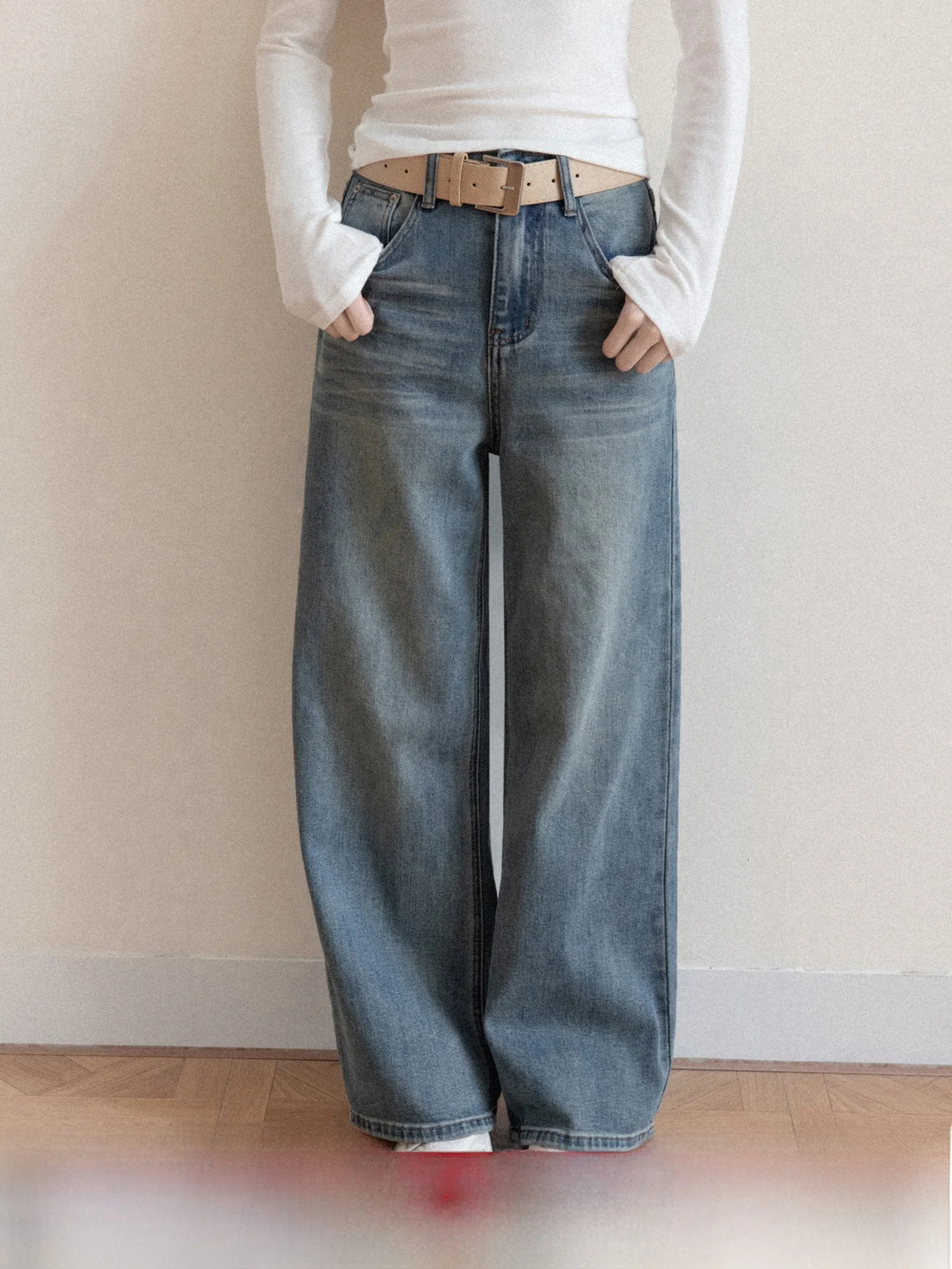 

High Waist Wide Leg Distressed Jeans Women's Straight Cut Versatile Casual Blue Denim High Waist Soft Comfortable Ladies Jeans