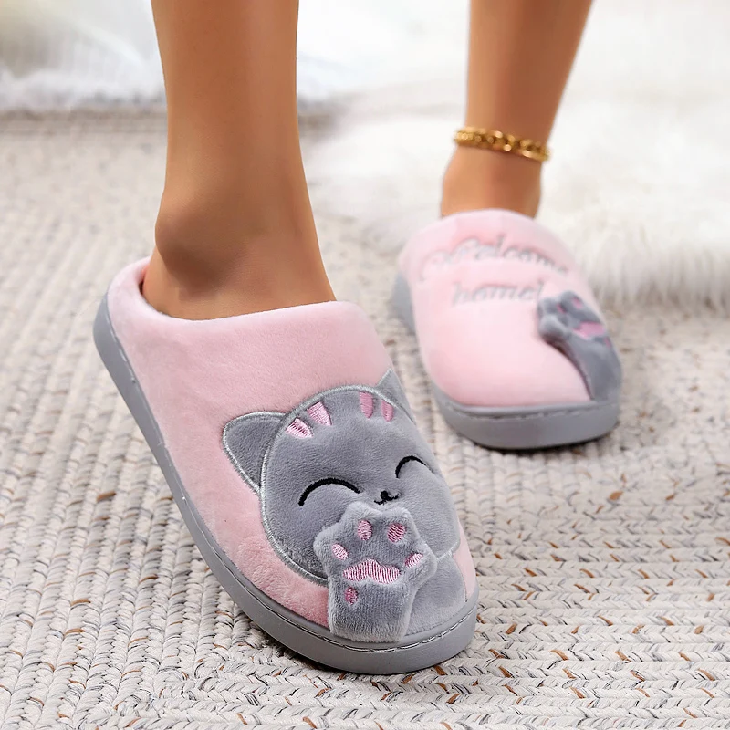 Winter Warm Fur Slippers Cartoon Cat Non-Slip Women and Men Soft House Indoor Home Bedroom Boys Girl Memory Foam Floor Shoes