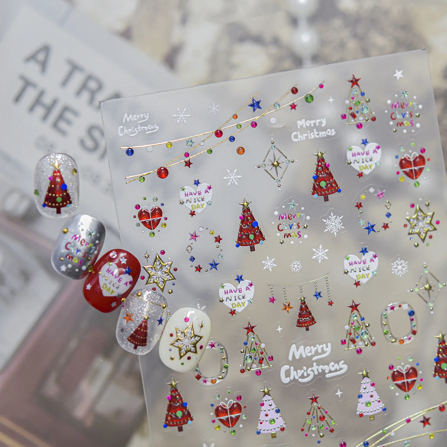 5D Christmas Nail Stickers Colorful String Light Decor Xmas Tree Heart Pendants Snowflake Five Pointed Star Self Adhesive Decal