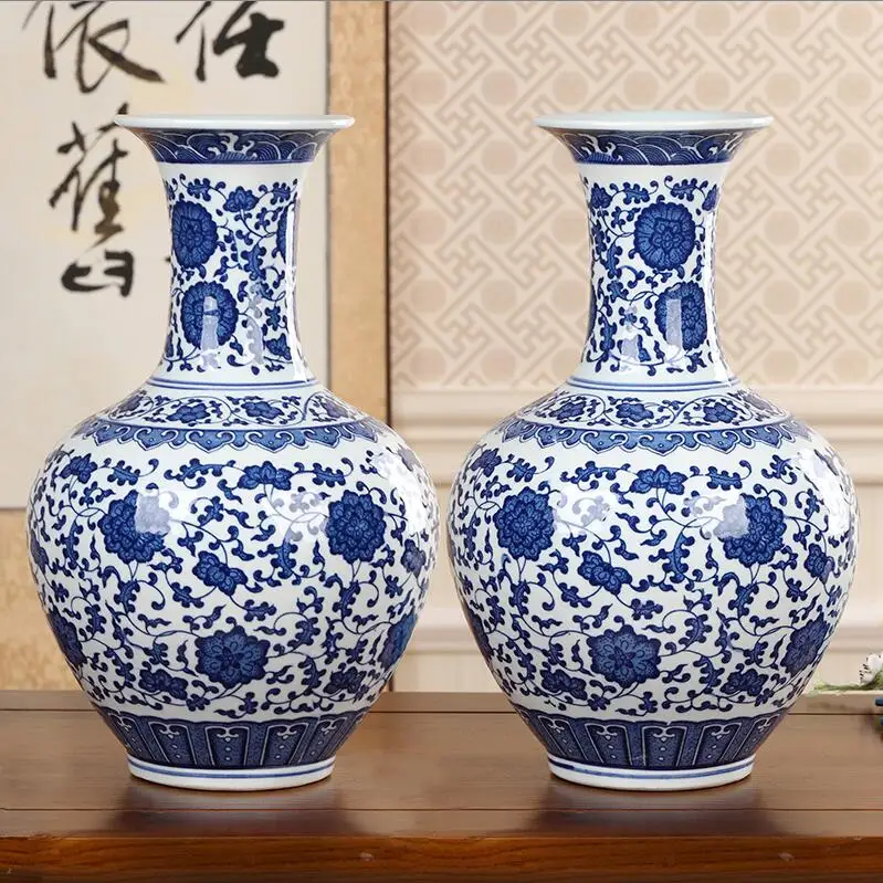 

Jingdezhen Ceramic Vase Ornaments Decoration Crafts Home Livingroom Flower Arrangement Blue White Porcelain Accessories Decor