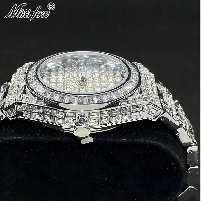 MISSFOX Luxury Quartz Watches Men Automatic Date Fashion Hip Hop Full Iced Diamond Waterproof Wrist Watch Man Reloj Hombre 2023