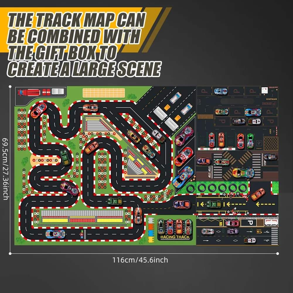 Juego de coches de carreras de Metal fundido a presión, caja de almacenamiento de contenedores, alfombra de mapa de escena de carreras, patrón de carreras, 30 piezas