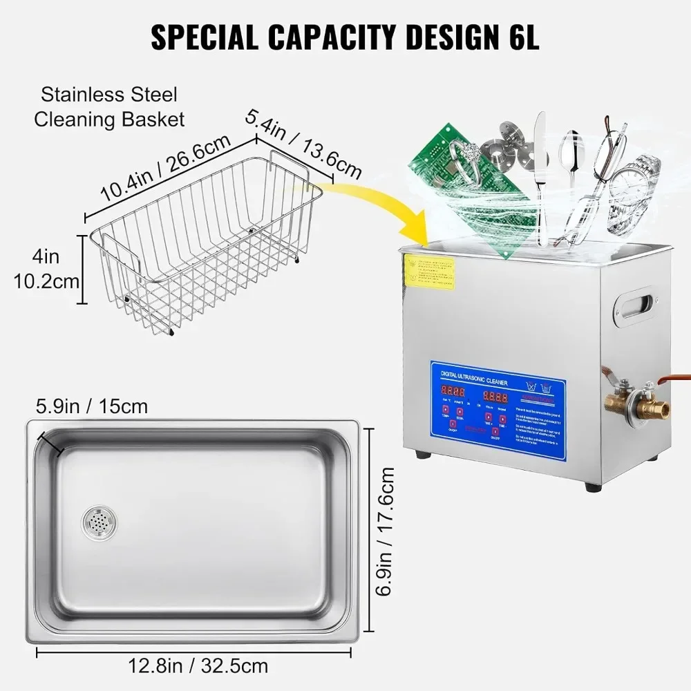 Macchina per la pulizia ad ultrasuoni, 6L, 40kHz, con timer digitale e riscaldatore, 110V, potente effetto di pulizia