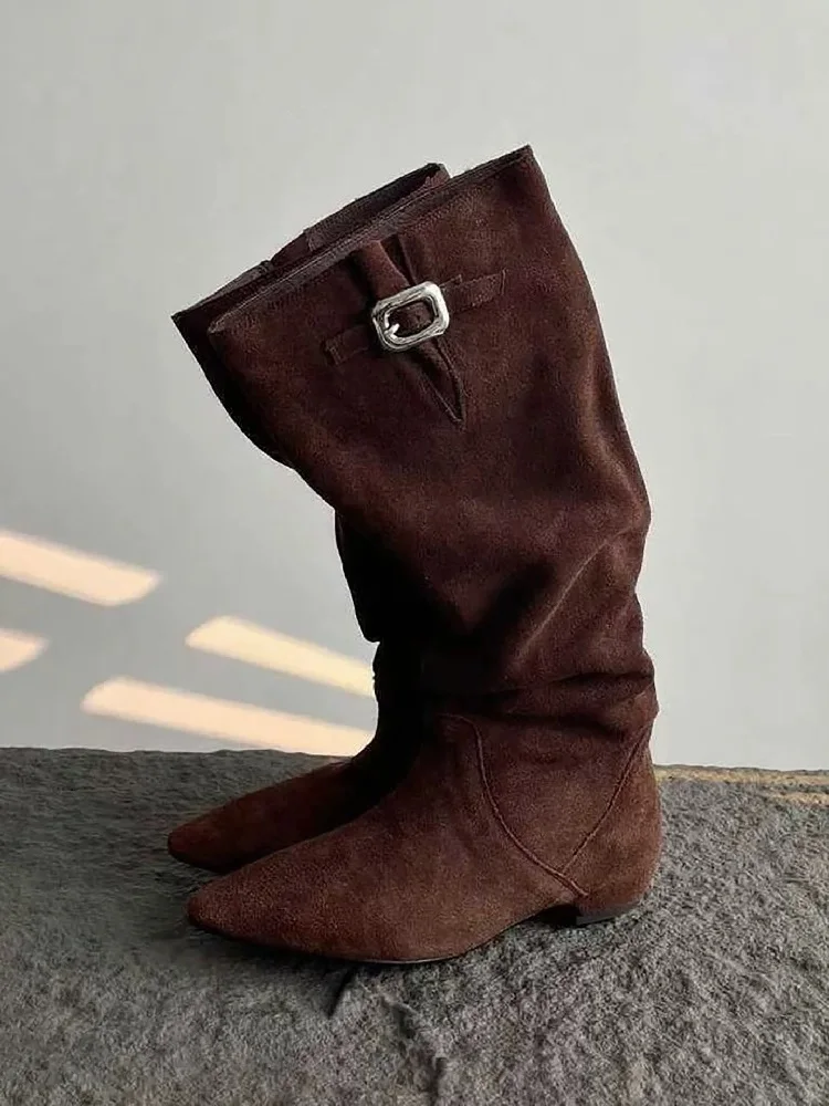 Eilyken مصمم مشبك حزام أشار تو أحذية عالية في الركبة النساء ساحة منخفضة الكعب أحذية الشتاء السيدات فستان الحفلات الجوارب