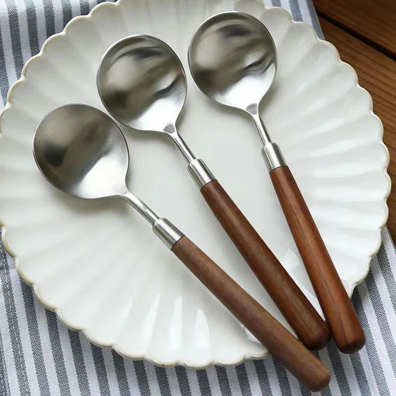 Stainless Steel Imitation Wooden Handle Spoon Retro Round Spoon Dessert Spoons Restaurant Soup Spoon Household Western