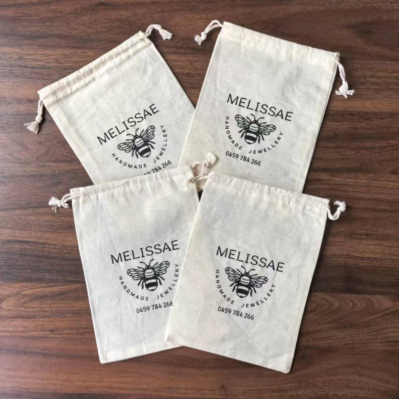 

100 Pieces 15*20cm/5.9*7.9" Natural Cotton Bags Drawstring Gift Pouches Screen Printed With Black Logo Customised Logo