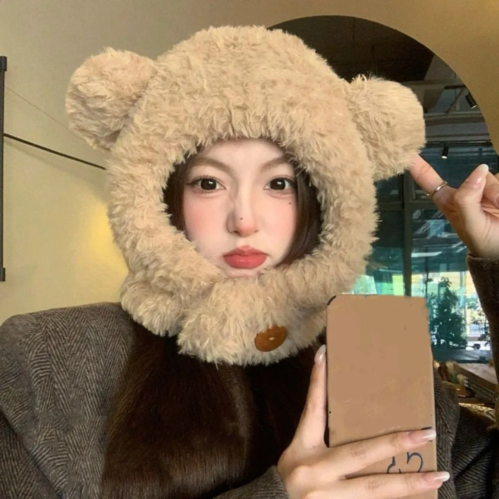 

Leisure Ear Protection Hat Bear Ears Hat Winter Cap Warm Winter Beanie Cute Thickened Bib Hat Streetwear