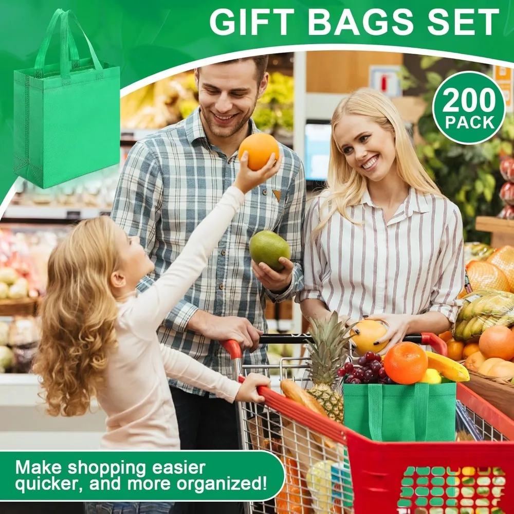 Herbruikbare draagtassen bulk, 200 stuks, 8x4x10 inch, niet-geweven, groene boodschappentassen met handvatten voor cadeaubakken