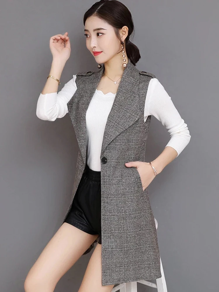 Sungtin Classic Plaid Long Blazer Vest Women Sleeveless Jacket Elegant Office Lady Coat Female Waistcoat Causal Suits Y2K