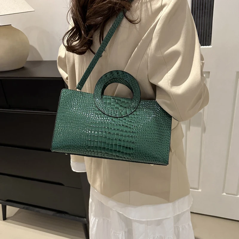 Women\'s Crocodile Pattern PU Leather Handbags Green Square Bag Fashion Brand Shoulder Messenger Bags Female Clutches