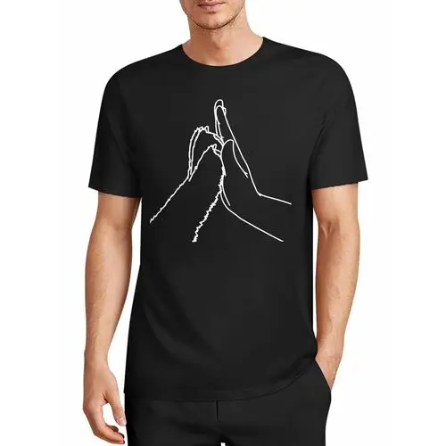 Black T-Shirt with a Simple Line Drawing Print of Human Hand and Cat Paw