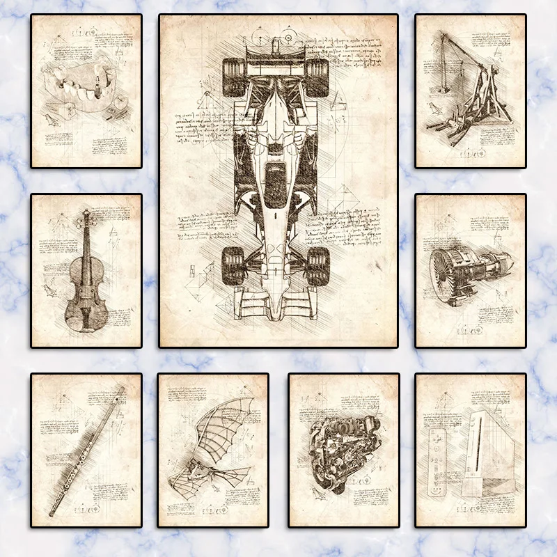 Vintage Da Vinci Inspired Sketches Canvas Painting Poster for Home Decor living room wall art for bed room aesthetic home decor