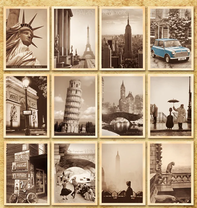 32pcs/Box Classic Famous Buildings Photos Retro Style Postcards Set Greeting Card Wish Card Wall stickers Card Gift Post card