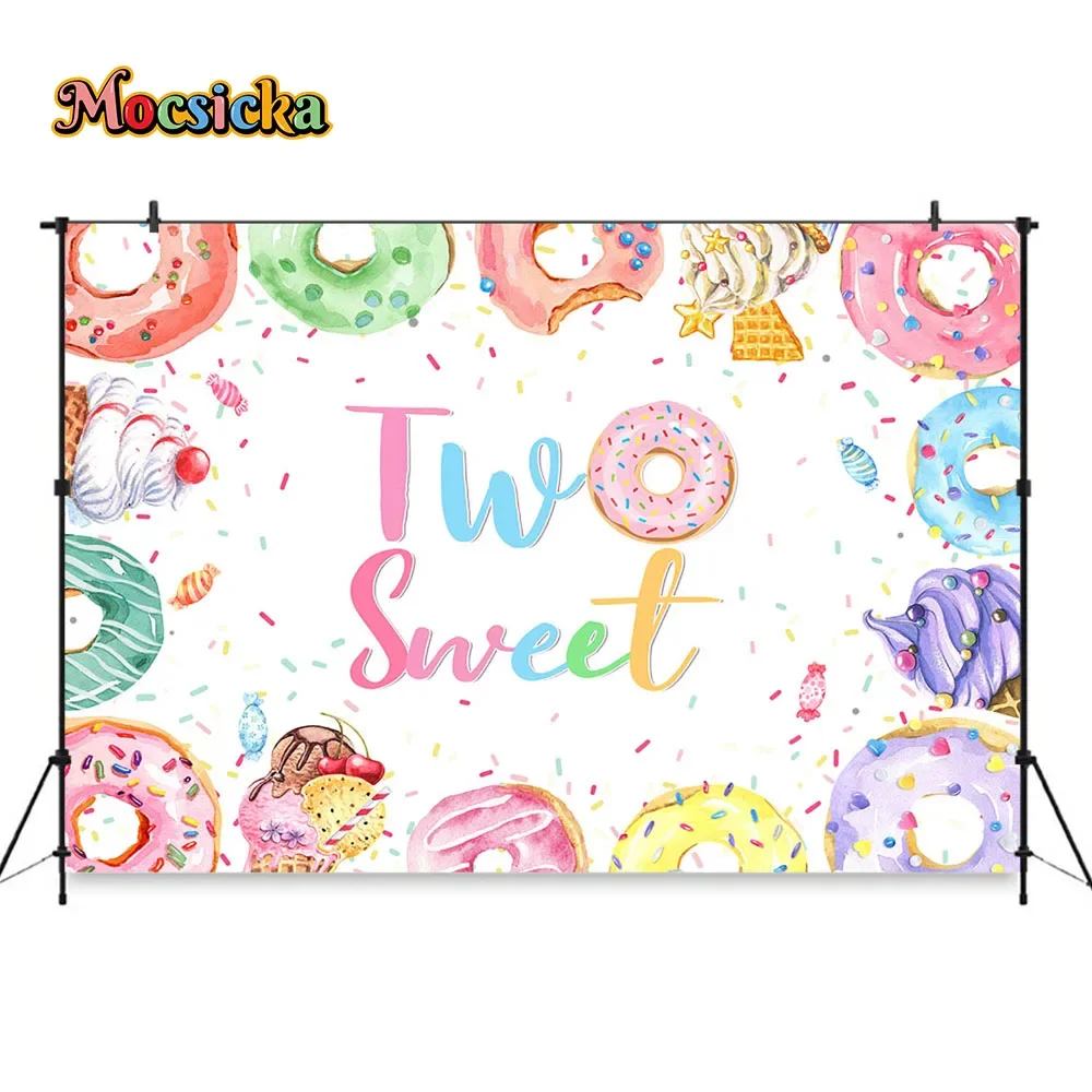 Mocsicka-Fondo de fiesta de dos cumpleaños para niña, Donut dulce, pancarta, helado, fondo de dulces, decoración de mesa de postre, fotomatón