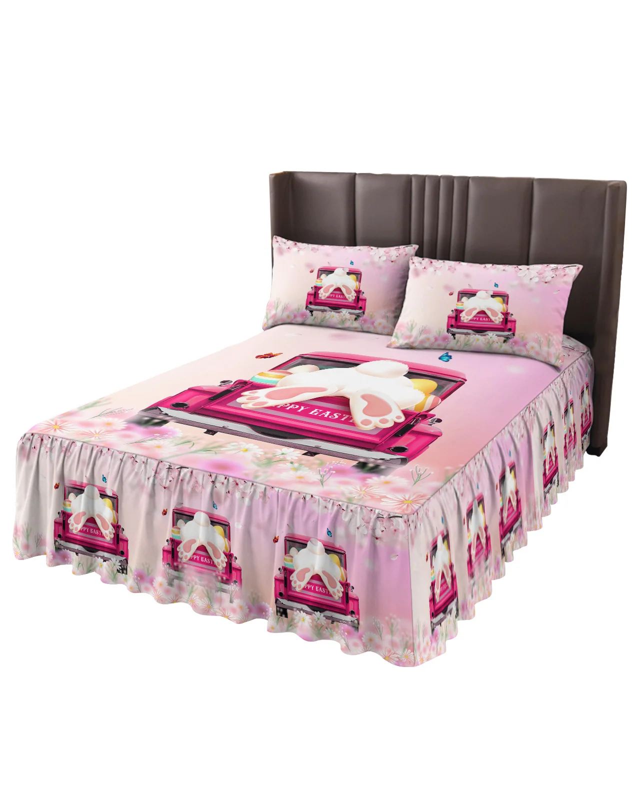 Easter Truck Bunny Cherry Blossom Butterfly Bed Skirt Fitted Bedspread With Pillowcases Mattress Cover Bedding Set Bed Sheet