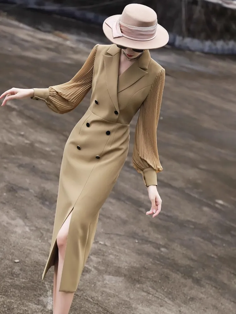 High End Long Sleeved Suit Dress, Women\'S Spring And Autumn Temperament, Commuting Slim Fit Slit Dress