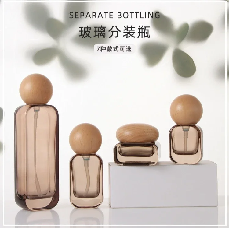 Botella con Bomba Dosificadora de 30ml-120ml para Loción/Perfume/Tónico, Envase Vacío de Vidrio Negro con Pulverizador, Tarro de Crema de 30/50g con Tapa de Madera para Viaje