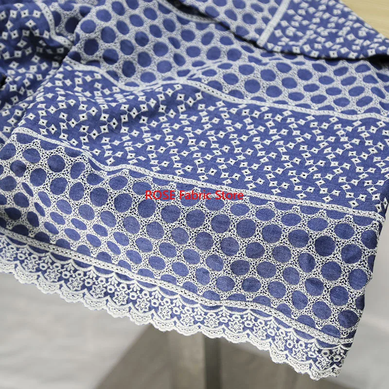 Tessuto di cotone blu con ricamo floreale per abito Boho, abito da sposa, abito estivo, gonna
