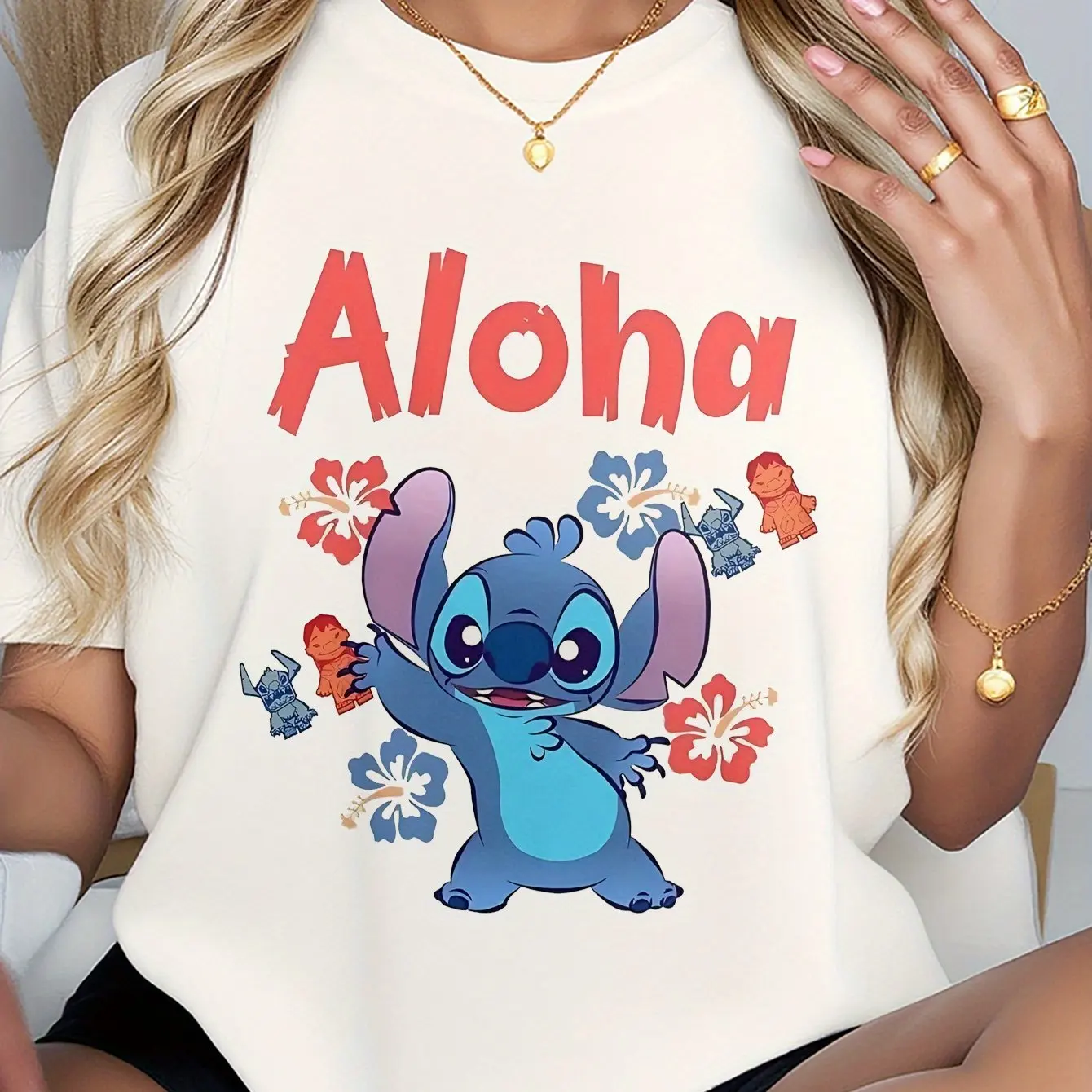 

Aloha Stitch Women's T-Shirt - Cute Stitch & Tropical Floral Print, Loose Fit Short Sleeve, Glossy Fabric, Black Casual Summer