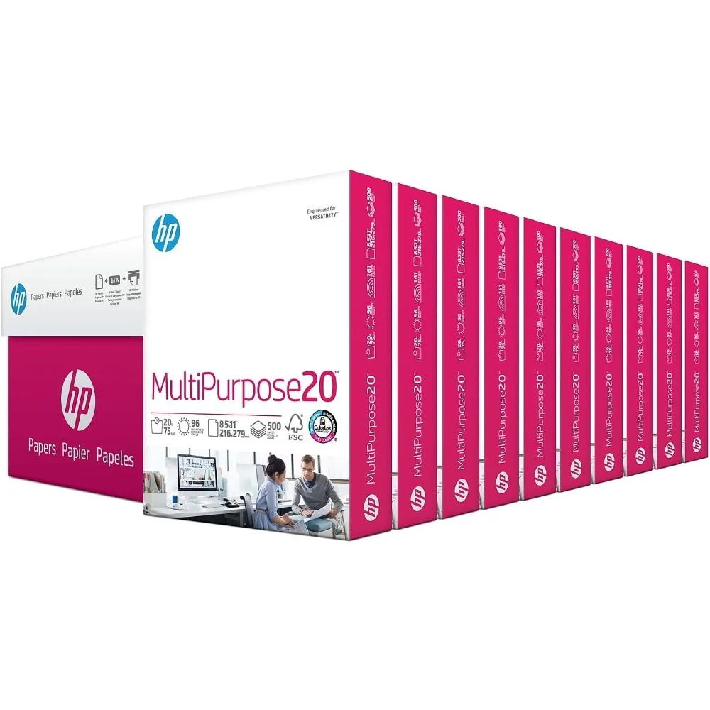 กระดาษอเนกประสงค์ขนาด 8.5 x 11 นิ้ว ใช้ได้กับเครื่องพิมพ์ HP น้ำหนัก 20 ปอนด์ 10 แพ็ค แพ็คละ 500 แผ่น สีขาวสว่าง 96 องศา ผลิตในสหรัฐอเมริกา ได้รับการรับรอง FSC