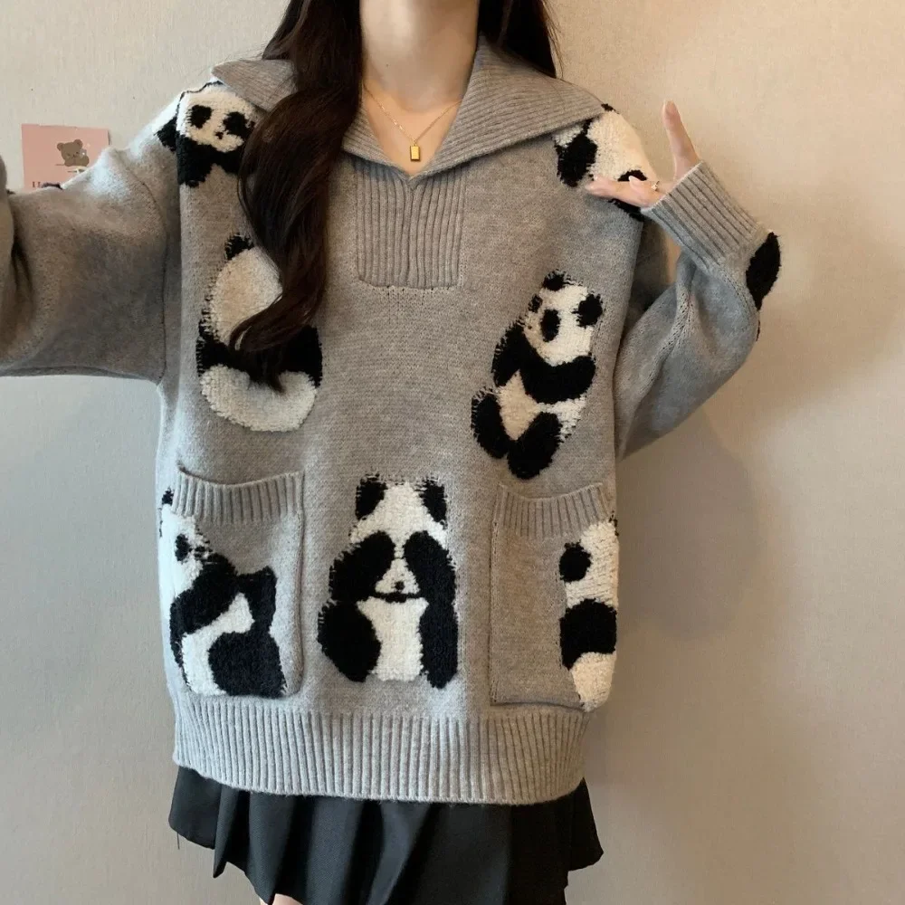 Gray Polo Collar Sweater for Women Autumn 2024 New Style Lazy Style Panda Jacquard High-end and Super Good-looking Sweater