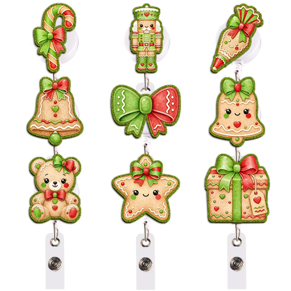 Kawaii Gingerbread Badge Reel Retractable ID Holder House Snowflake Cake Bow Gift for Student School Office Commute