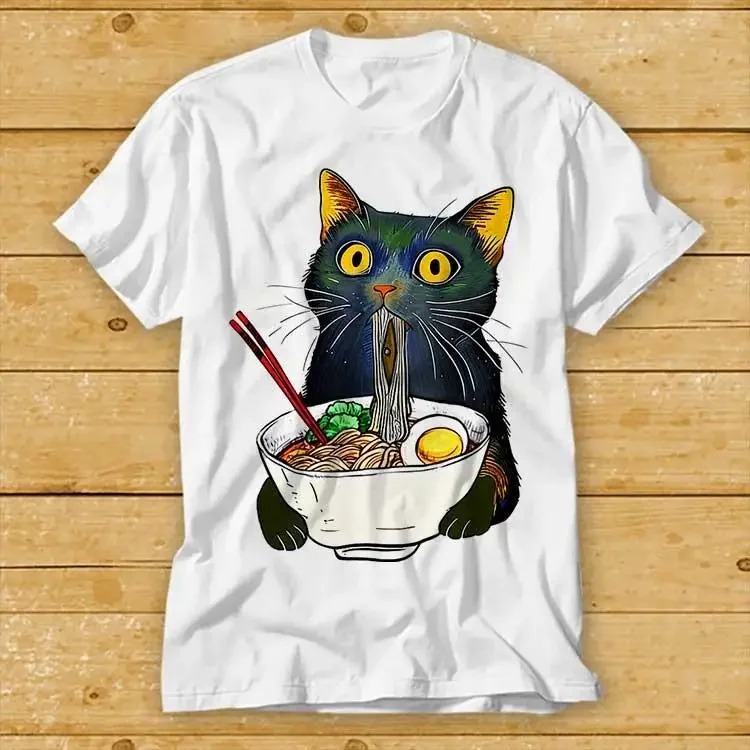 

Black Cat Eating Ramen Graphic T-Shirt Funny Foodie Men Women Cotton Casual O-Neck T-shirt