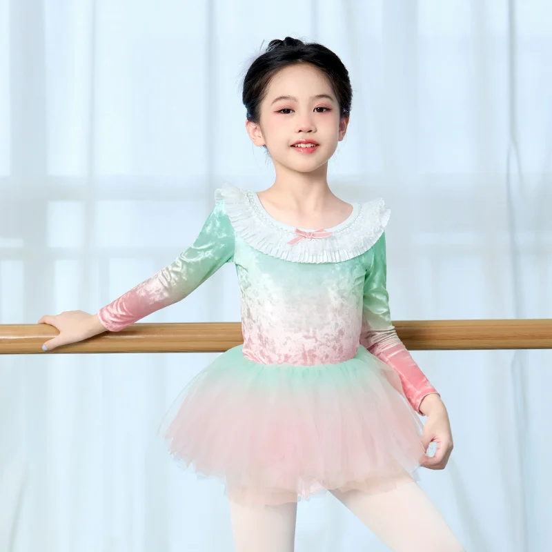 Leotardos de Ballet para niñas, monos de baile con cuello con volantes de terciopelo de Color degradado, Leotardos de gimnasia de manga larga, trajes de Ballet