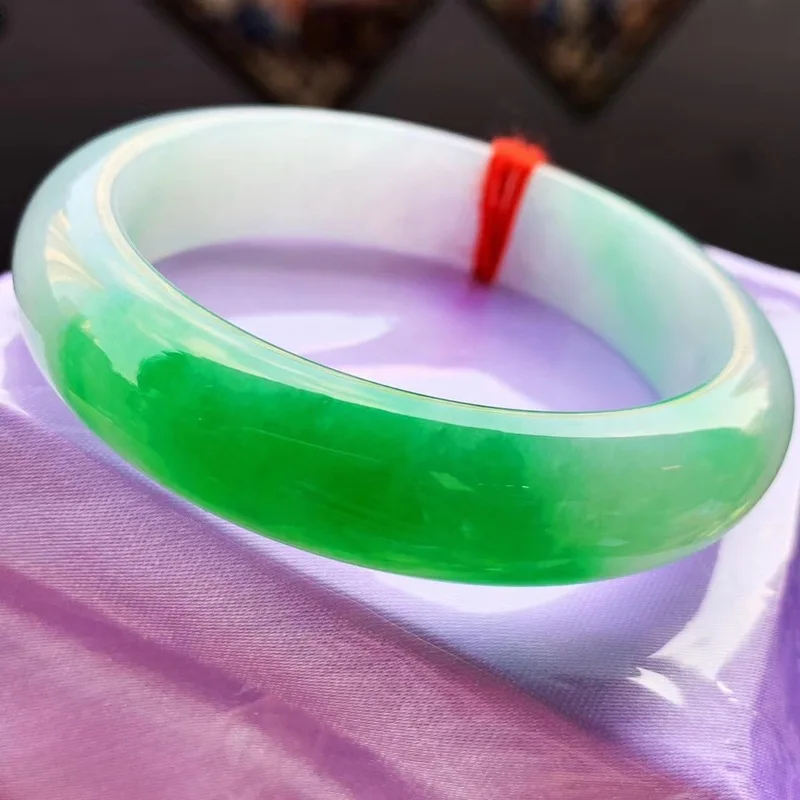 Myanmar -like Positive Wind through Ice Green Flower Jade Bracelet Wide Stripe Certificate