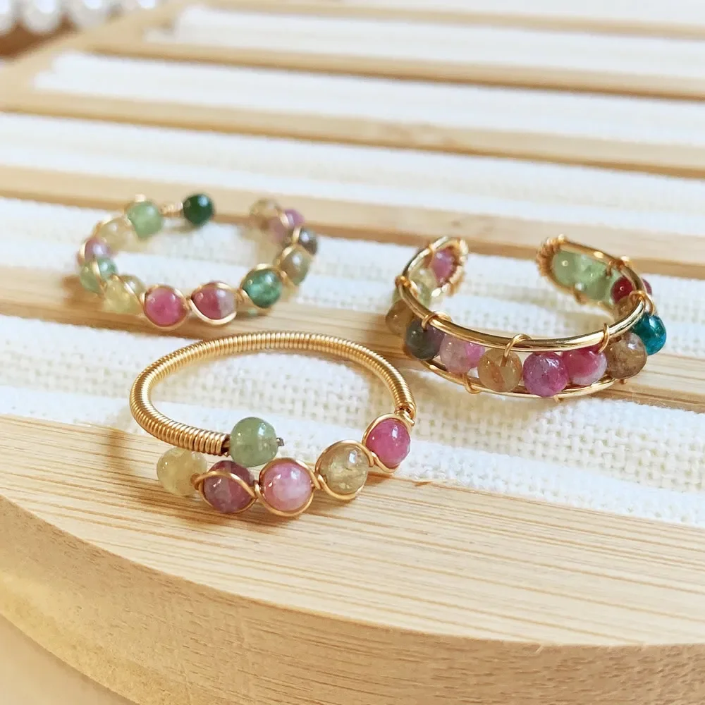 Wire Wrap Natural Tourmalines Crystal Rings for Women Small Beads Charm Gold Color Mixed Colorful Quartz Stone Crystal Open Ring