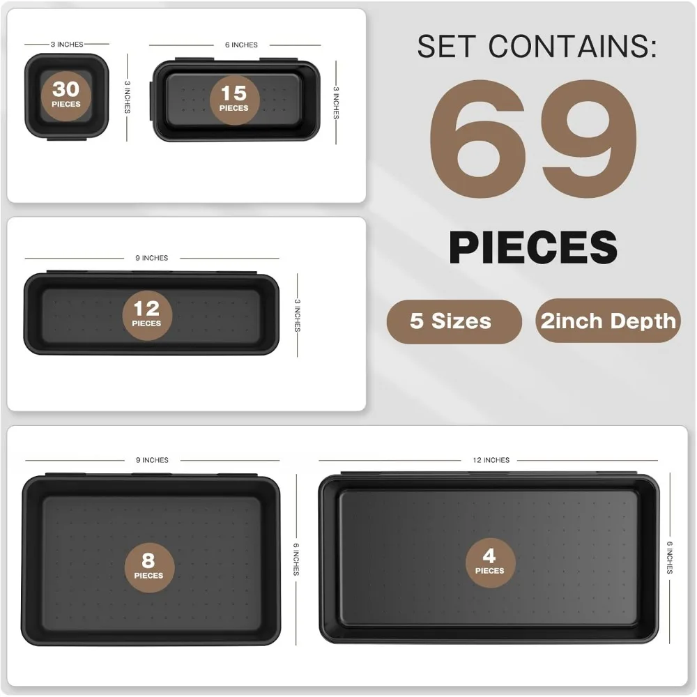 69-teiliges Werkzeugkasten-Organizer-Set mit 5 Größen, schwarze Tablettteiler für die Aufbewahrung von Garagen und Werkstätten