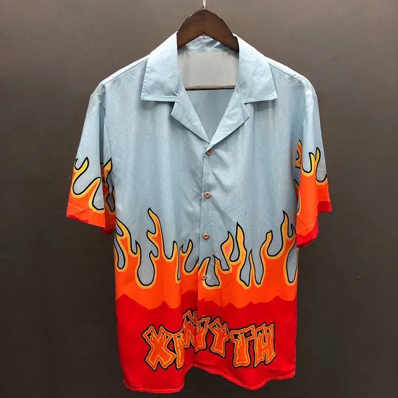 Summer Short Sleeve Color Contrast Flame Pattern Short Sleeve Shirt Camisa Hombre Loose Lapel Shirt Camisa Social Masculina Club