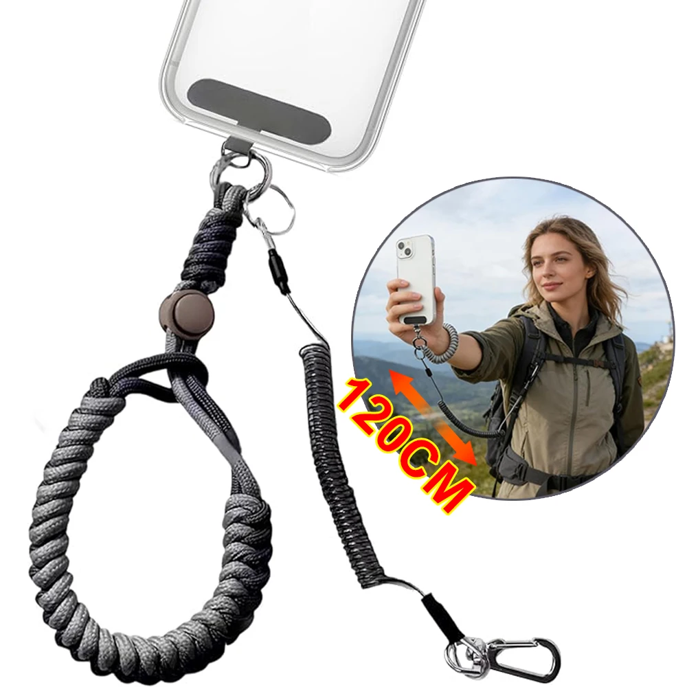 

120cm Telescopic Anti-theft Spring Lanyard Gasket Phone Safety Wrist Strap with Tether Patch Universal Phone String Keychain