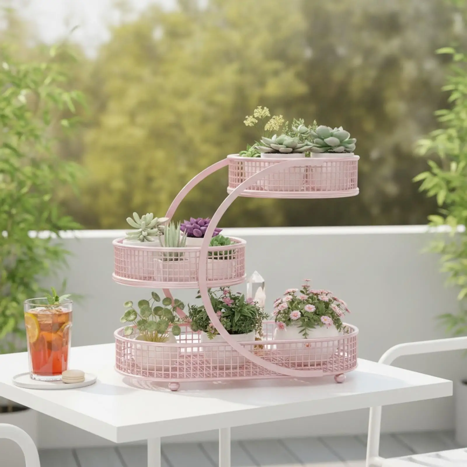 Wrought Iron Multi Tier Shelf for Indoor Plants Holder with Three Oval Flower Display Stands for Windowsill Balcony Decor