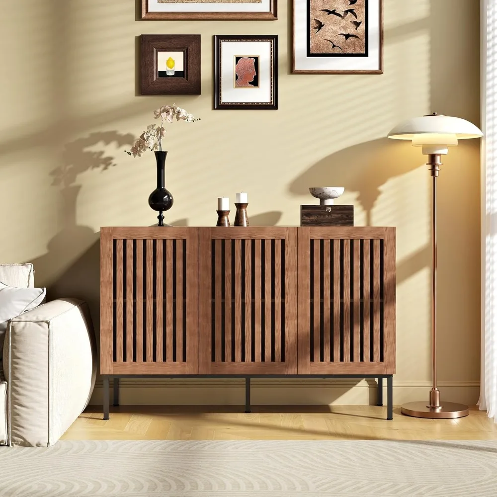 خزانة بوفيه، خزانة تخزين Credenza الحديثة مع أرفف قابلة للتعديل وقاعدة معدنية، علامة تبويب وحدة تحكم خشبية متعددة الوظائف مقاس 47 بوصة #4