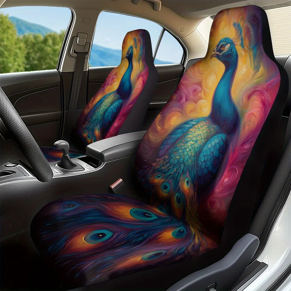 Set Of 2, Stunning Peacock Design In Sunset Hues For Car Seat Covers, Sturdy And Collapsible, Fits Most Front Seats, Perfect For