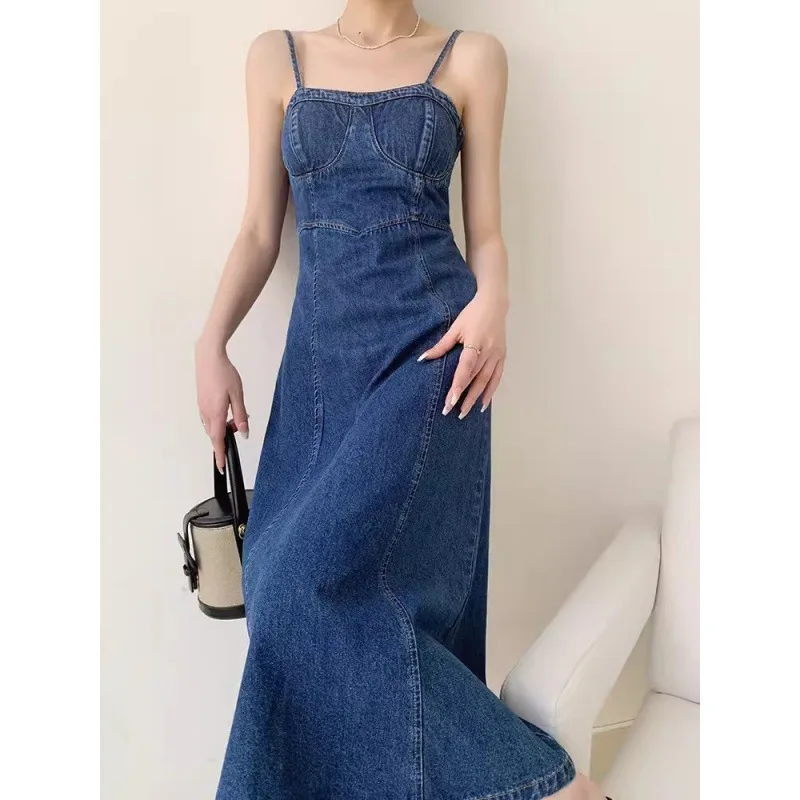

Тенденция этого года, ретро синее платье на бретелях, женское летнее новое длинное платье