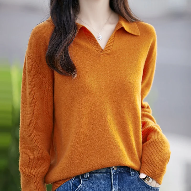 

100 wool knitted women's V-neck sweater for autumn and winter, fashionable slim fit women's full sleeve pullover new sweater
