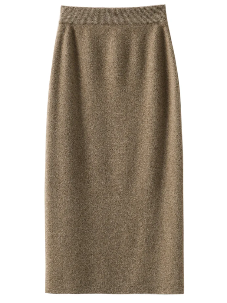 Women's High Waisted Thin Cashmere Skirt, 100% Pure Wool, Knitted, All-Match, Hip, Mid-Length, Autumn, Winter, New