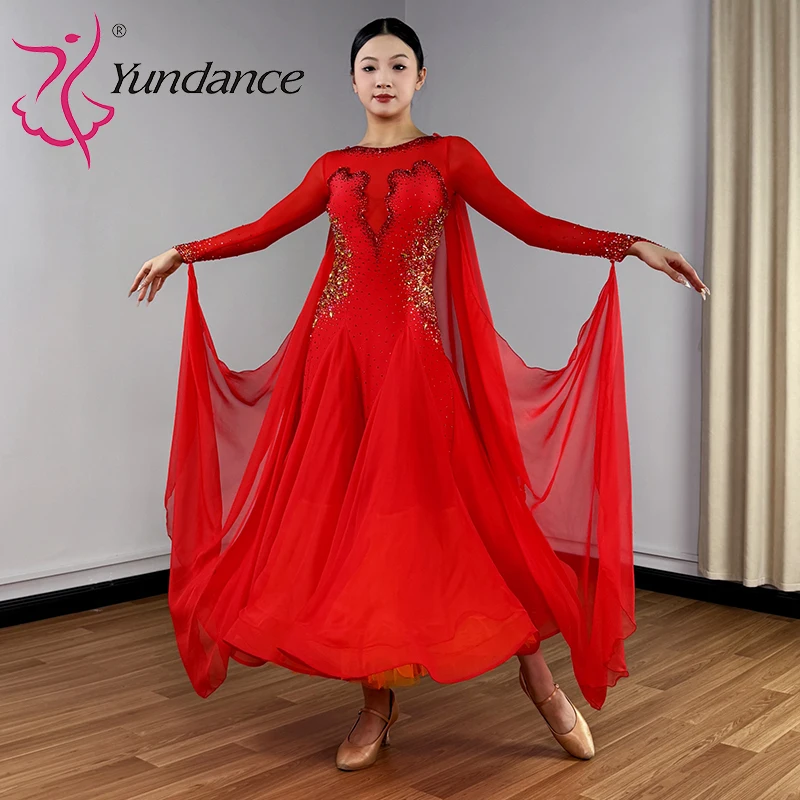 

B-25104 Custom International Standard Ballroom Dance Dress for Women Spandex/Polyester Stage Performance Wear Red Chiffon