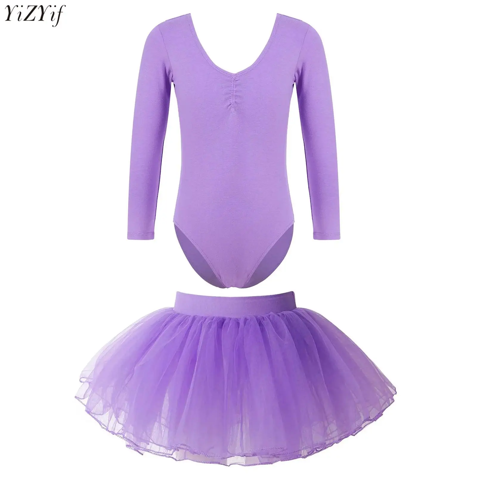 

Kids Girls Gymnastics Ballet Dance Outfit Cotton Long Sleeve V-Neck Ruched Solid Color Leotard with Four-Layer Tutu Mesh Skirt