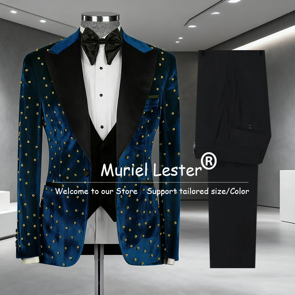

Luxury Pearls Wedding Suits For Men Male Fashion Prom Blazers Outfits 3 Pieces Velvet Groom Tuxedos Customized Costume Homme